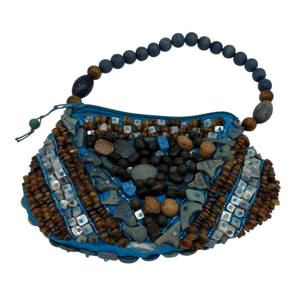 Cebu Signature Collection Beaded Art Statement Purse Handbag Blue Evening Party